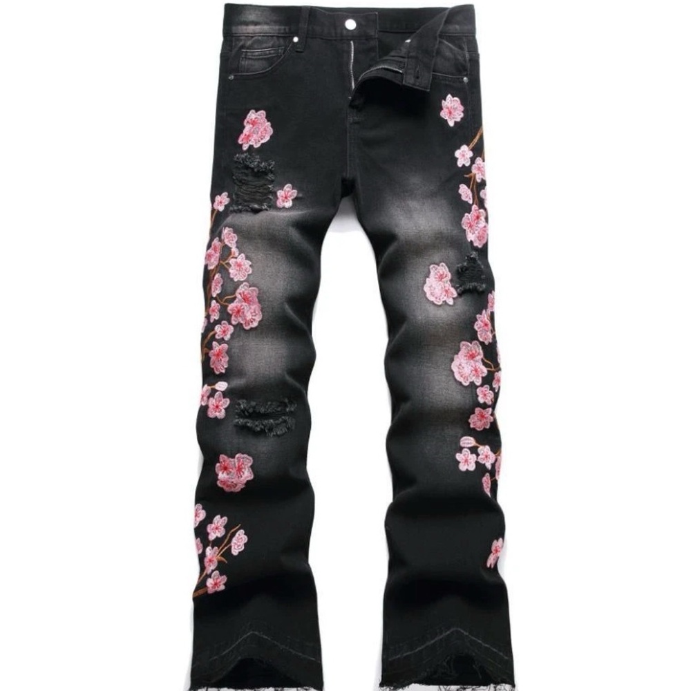 Floral Embroidered Black Jeans